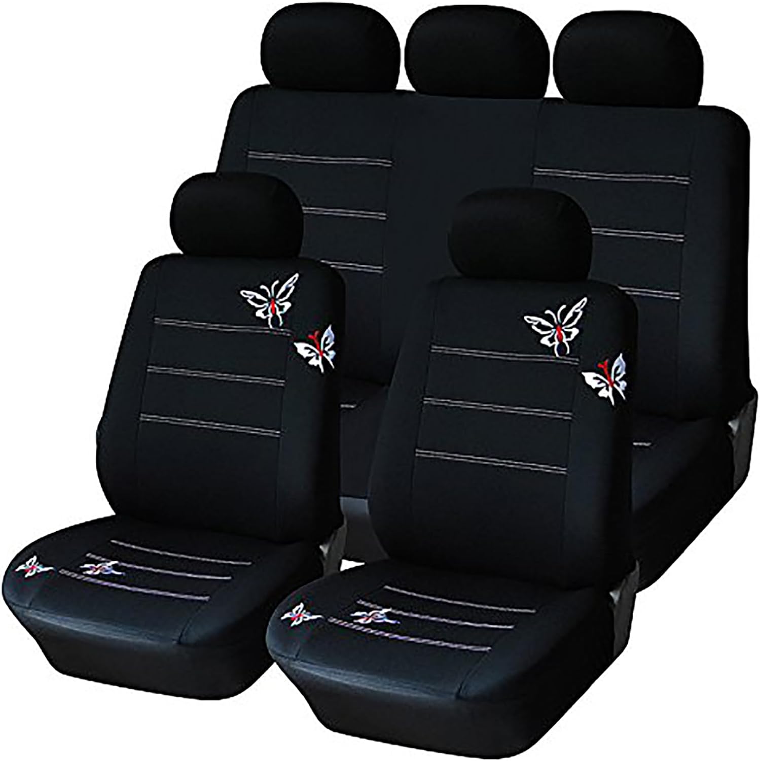 AUTOYOUTH Full Set Car Seat Covers Butterfly Embroidery, Split Rear Bench, Polyester Cloth Universal Fit Car Accessories