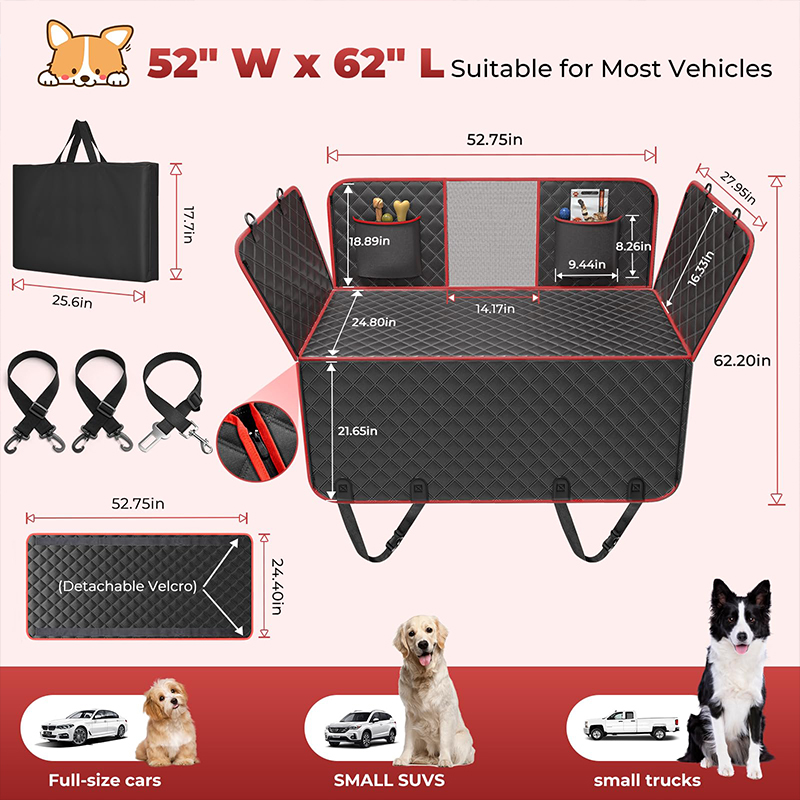 Dog Car Seat Cover Hard Bottom Back Seat Extender with Safety Belt, Heavy Duty Dog Hammock for SUV Truck Wholesale