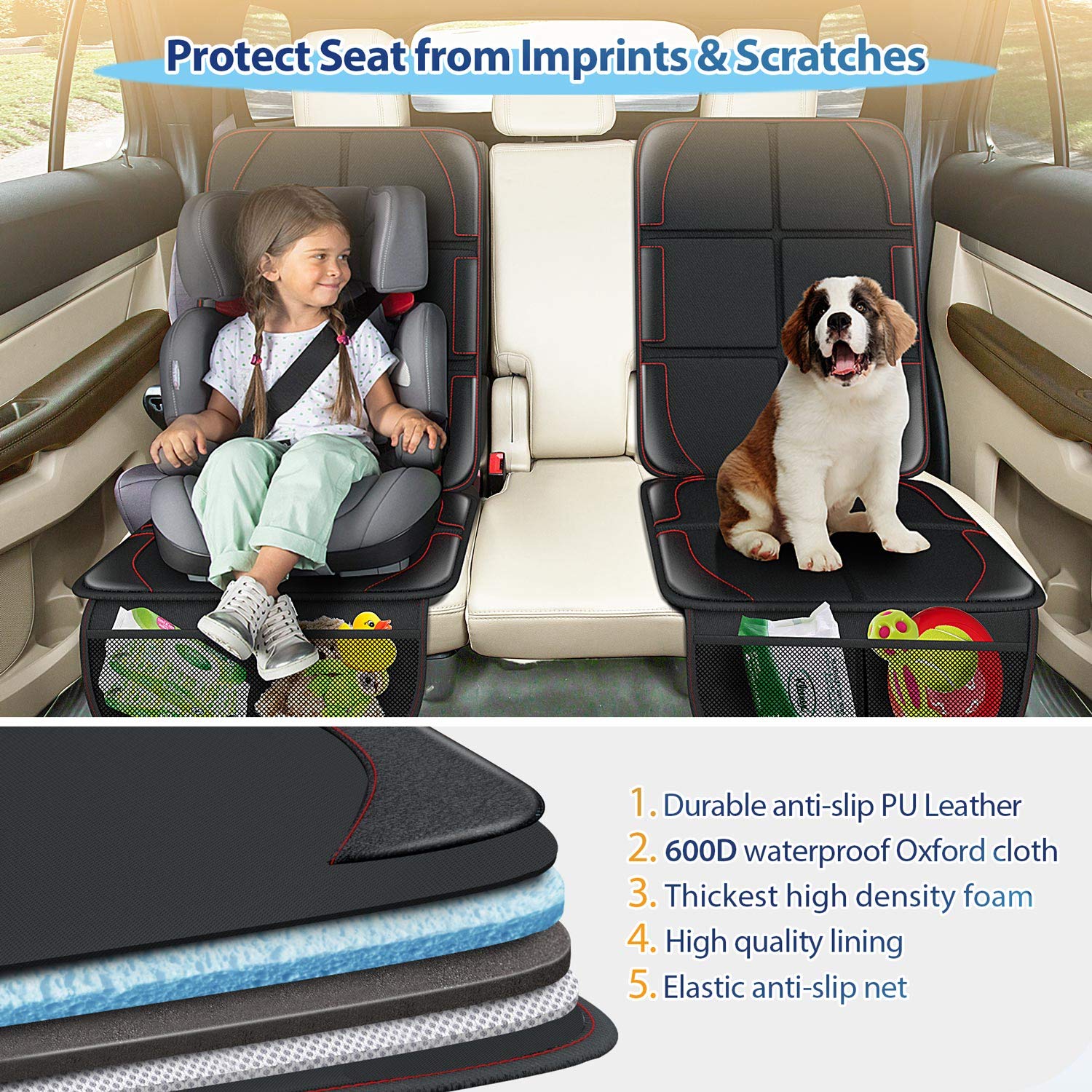 Leather Cushion Car Seat Protector Mat,Waterproof Child Baby Seat Protector with Storage Pockets for SUV, Sedan, Truck