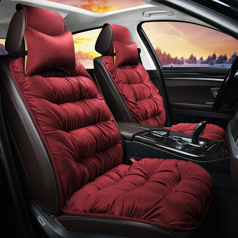 Universal Winter Car Seat Cover Warm Heated Cotton Fabric with Plush Fluffy Backrest Headrest Cushion &amp; Short Front Seat Cover