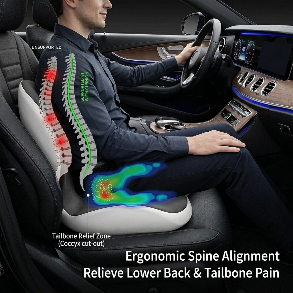 Ergonomic 2-in-1 Memory Foam Car Seat Cushion &amp; Lumbar Support Pillow For Lower Back Pain Relief, Washable Coccyx Pad OEM ODM