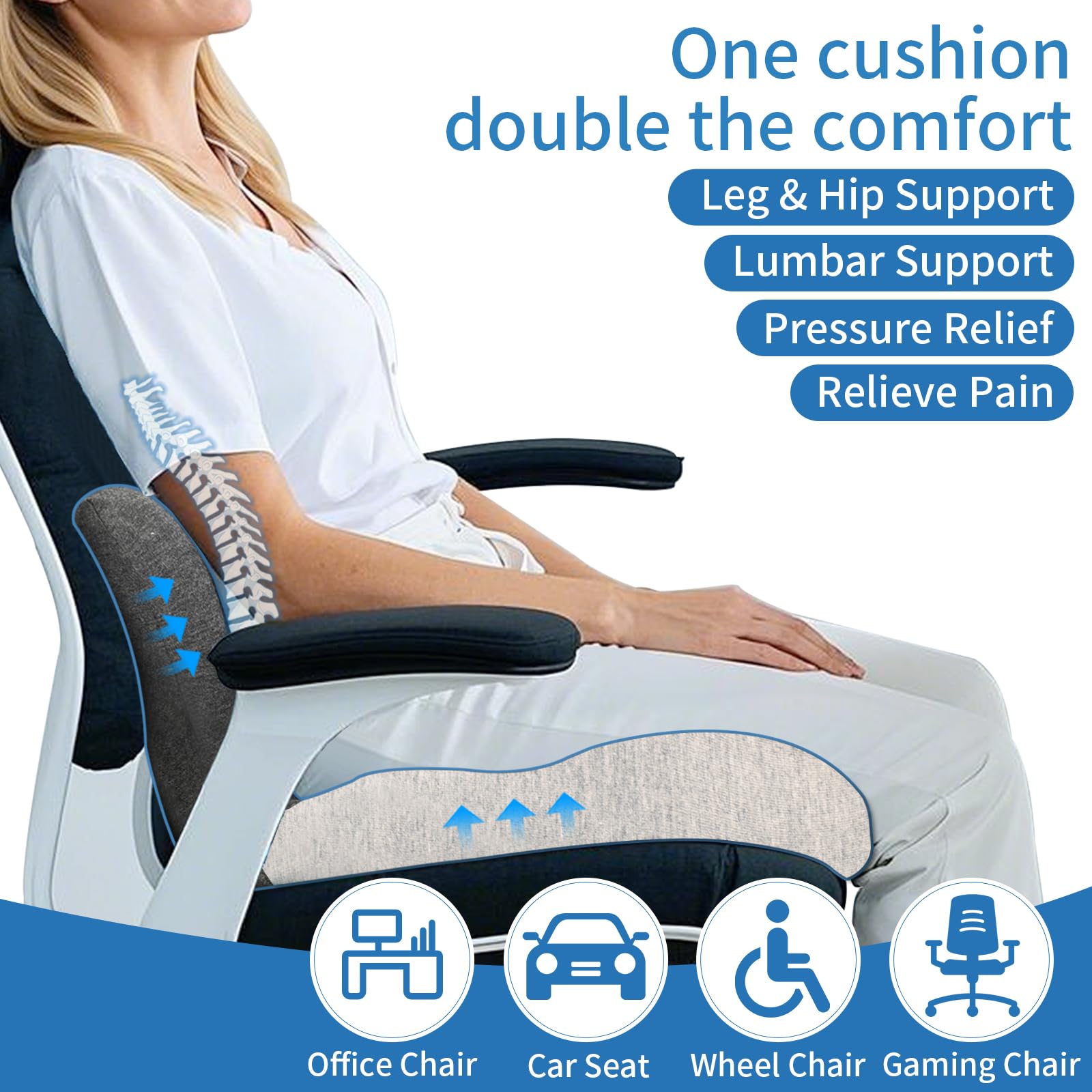 Office Chair Lumbar Support Memory Foam Car Seat Cushion With Adjustable Strap Sciatica Pad Cushions For Car Truck Gaming Chair