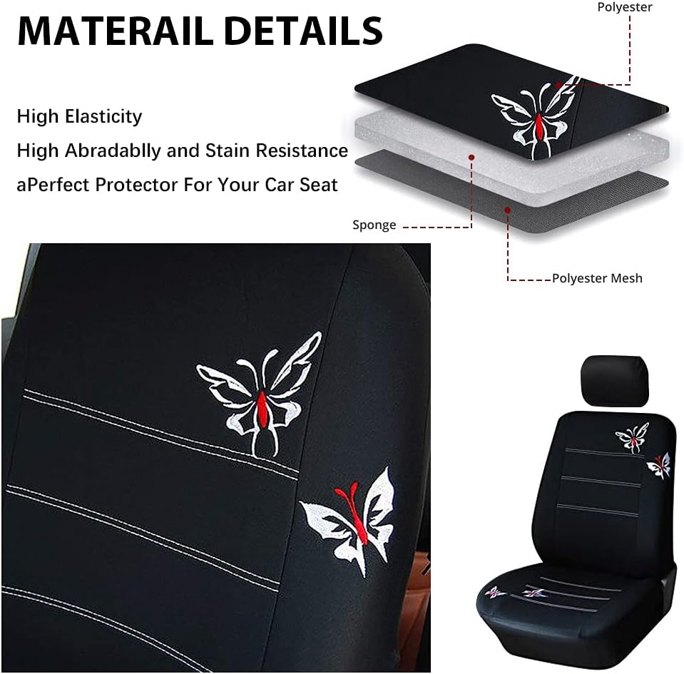 AUTOYOUTH Full Set Car Seat Covers Butterfly Embroidery, Split Rear Bench, Polyester Cloth Universal Fit Car Accessories
