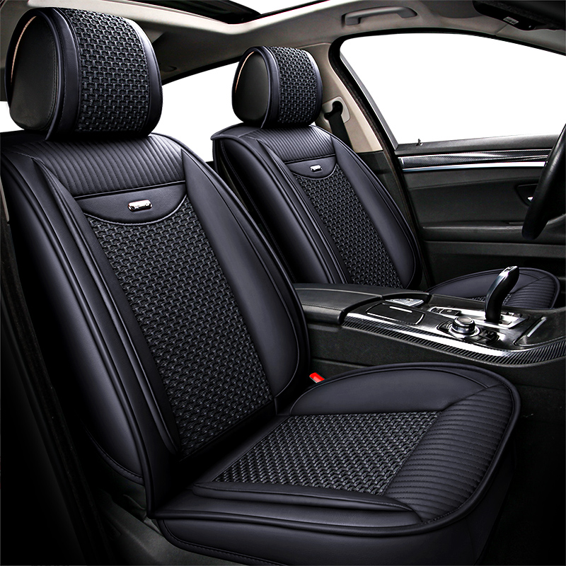 Leather+ice Silk 5 Seats Universal Sports Style All-Season Airbag Compatible Car Seat Covers Breathable Seat Cushion Polo Golf