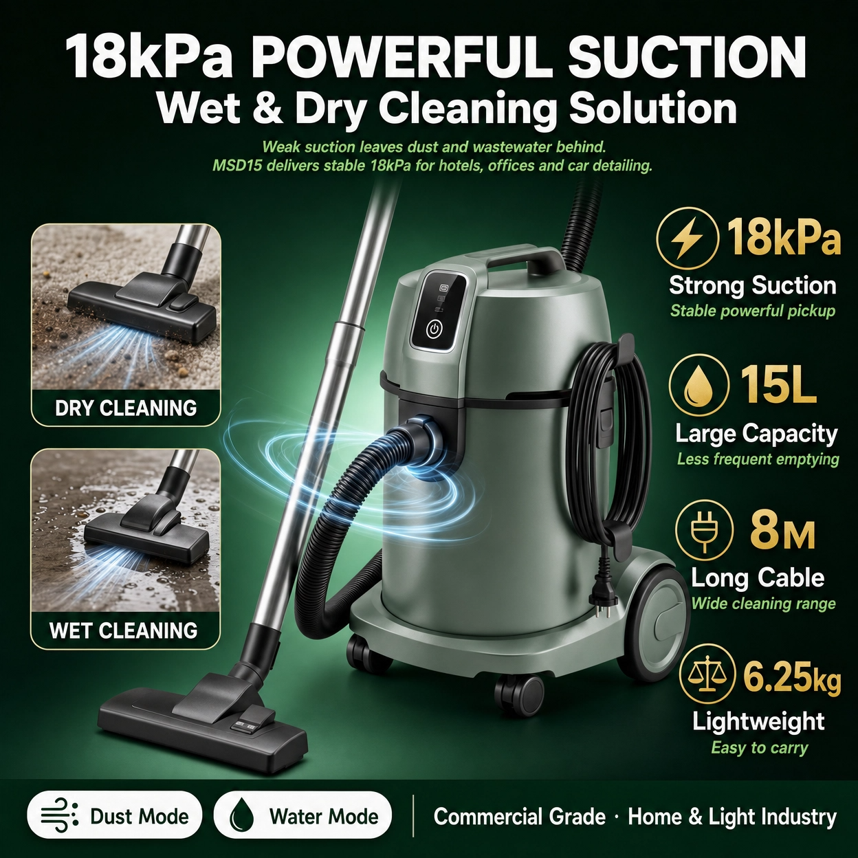 Portable Electric Car Vacuum Cleaner 1200W Low Noise Commercial Use 15L Capacity Wet &amp; Dry Carpet Dust Collection