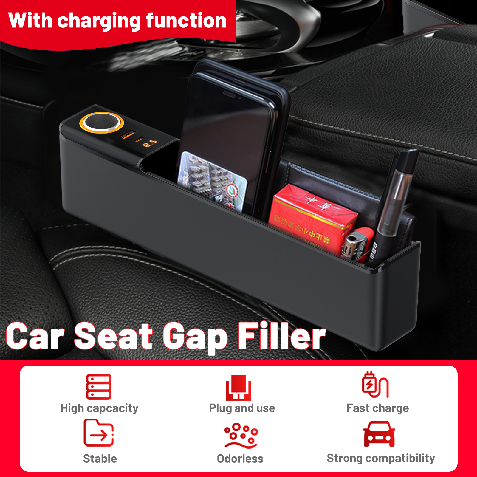 52W Car Seat Gap Filler with Type C USB Fast Charging Port Organizer Console Side Storage Box Between Seats