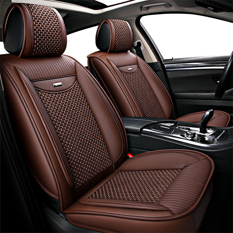 Leather+ice Silk 5 Seats Universal Sports Style All-Season Airbag Compatible Car Seat Covers Breathable Seat Cushion Polo Golf