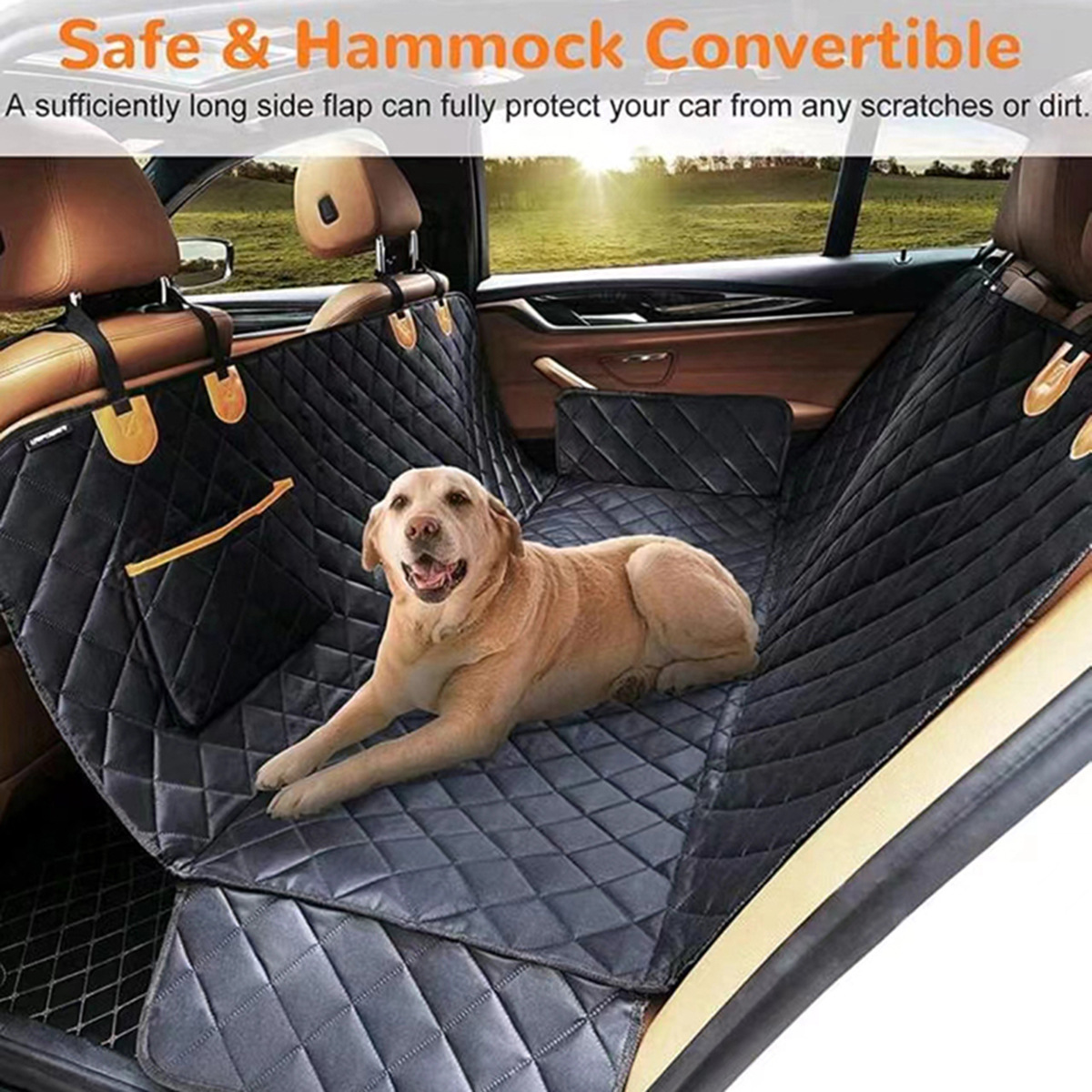 Dog Car Seat Cover, Waterproof 600D Back Seat Protector for Dogs, Scratchproof Hammock with Storage Pocket &amp; Seat Belt Opening