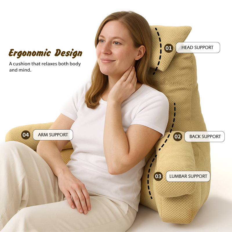 Bed Backrest Bedside Chair Seat Reading Pillow Lounger Lumbar Rest Back Pillow Cushion with Headrest and Armrest