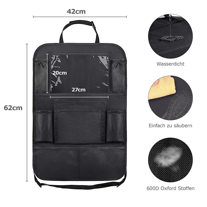 Custom Logo 600D Oxford Car Back Seat Organizer Storage Bag Clear Screen Car Box Storage With Touch Screen Tablet