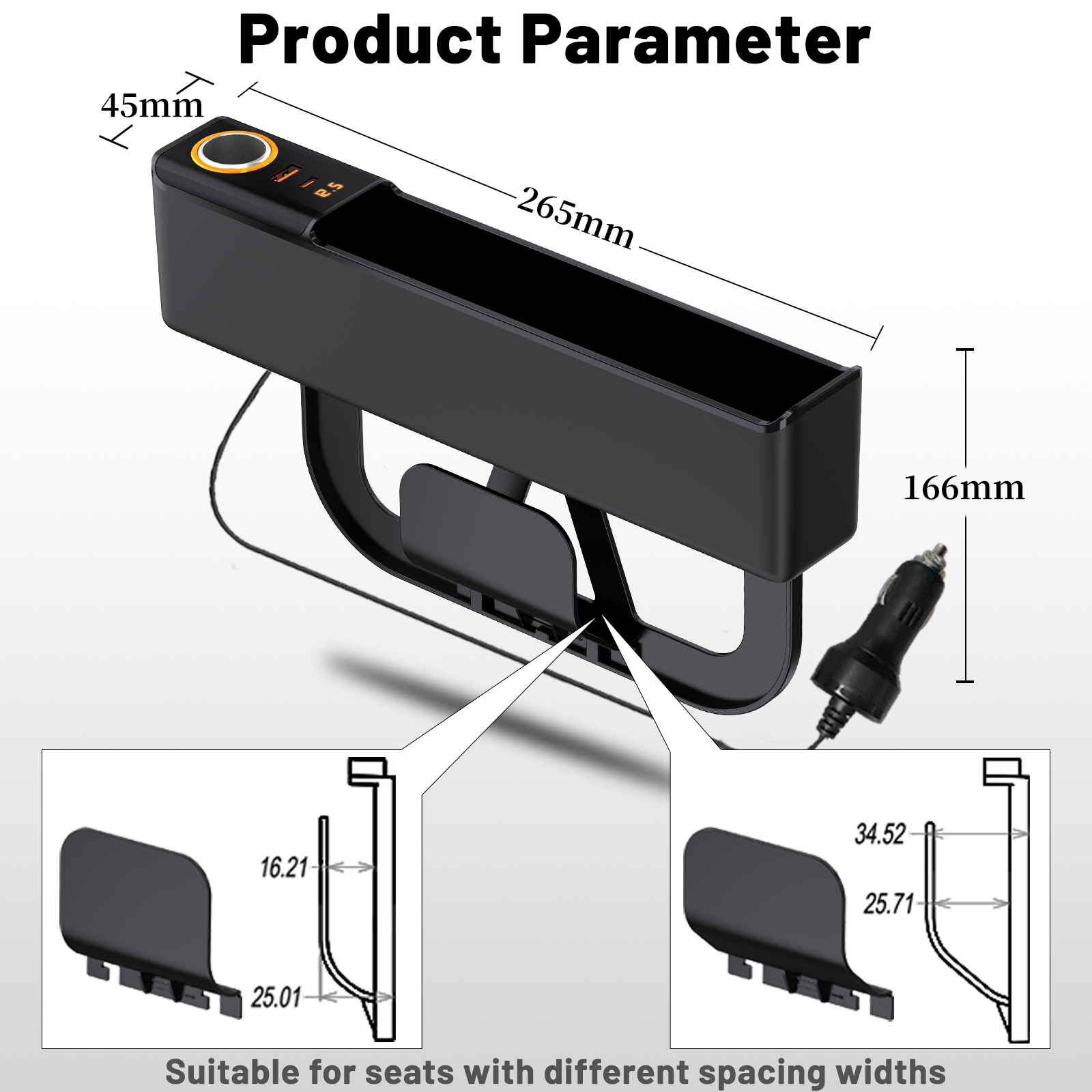 52W Car Seat Gap Filler with Type C USB Fast Charging Port Organizer Console Side Storage Box Between Seats