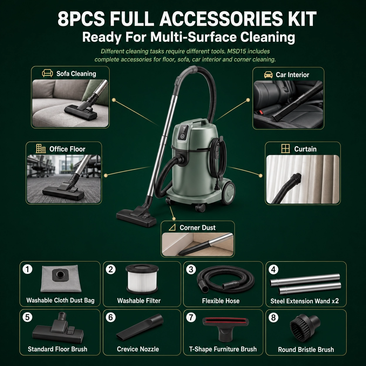 Portable Electric Car Vacuum Cleaner 1200W Low Noise Commercial Use 15L Capacity Wet &amp; Dry Carpet Dust Collection