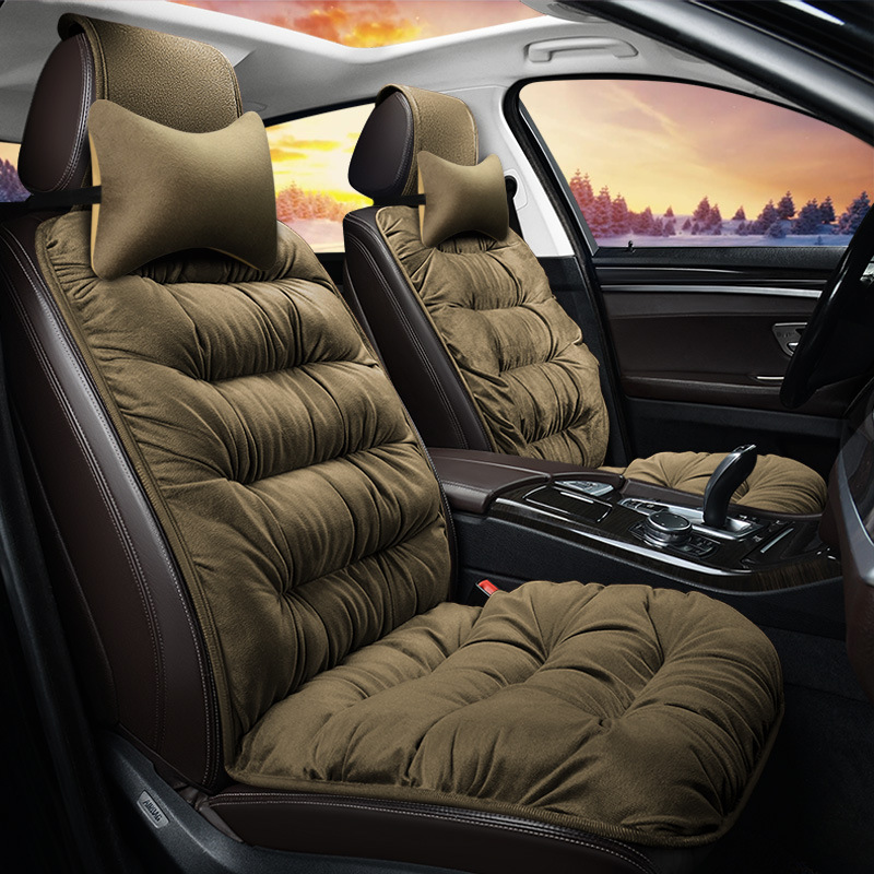 Universal Winter Car Seat Cover Warm Heated Cotton Fabric with Plush Fluffy Backrest Headrest Cushion &amp; Short Front Seat Cover