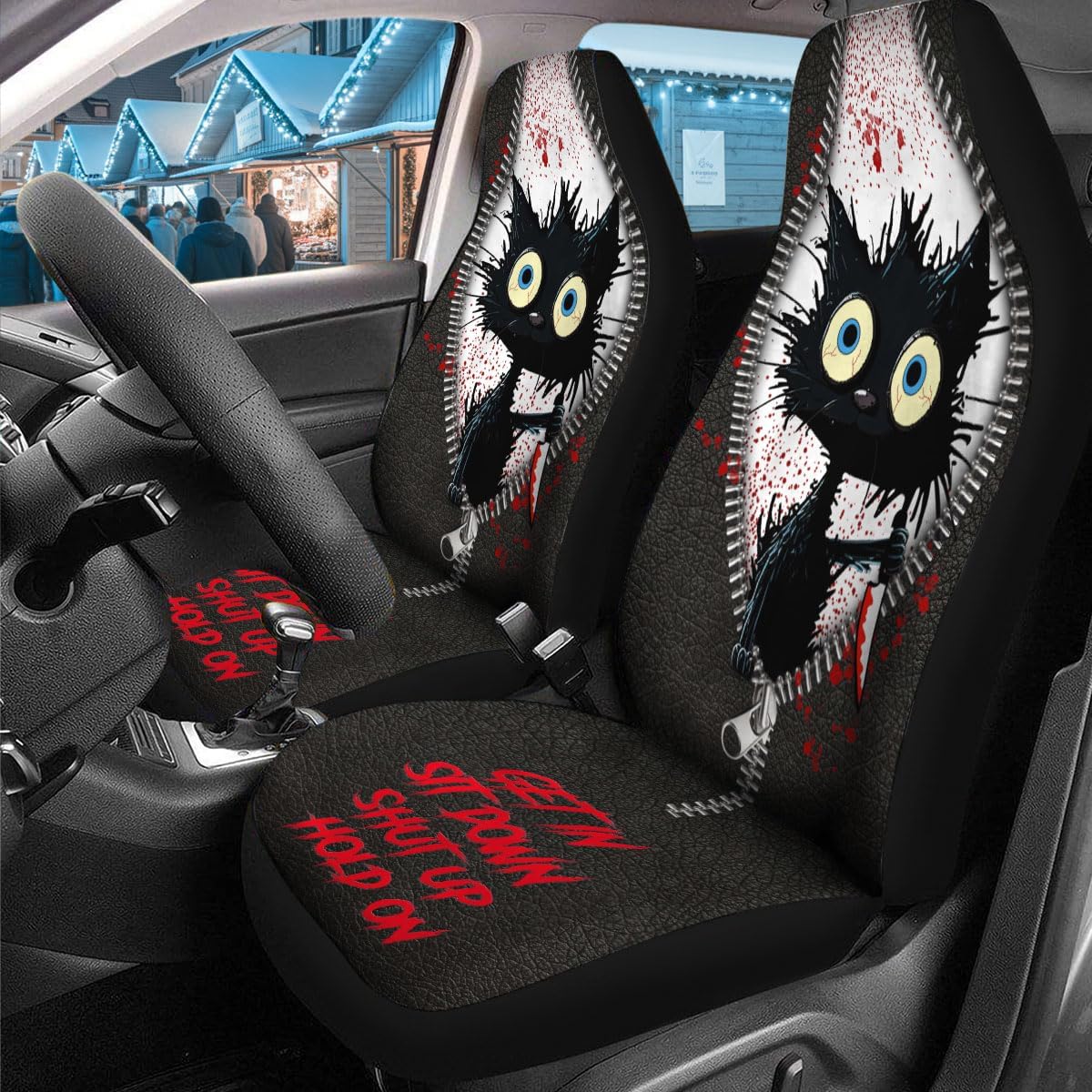 GENANY Funny Murder Cat Front Car Seat Covers OLIVER Fitment Durable Polyester Breathable Protective Automotive Accessory Made