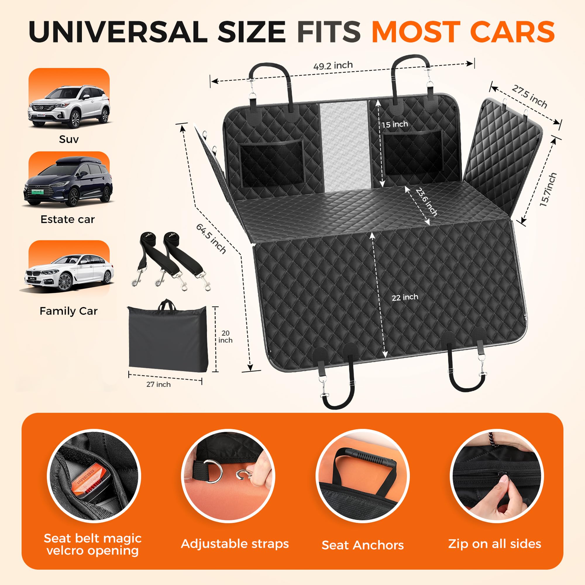 New Custom Eco-Friendly Breathable Pet Travel Waterproof Dog Car Seat Cover Oxford Material Hard Bottom Mesh Window Print Easy