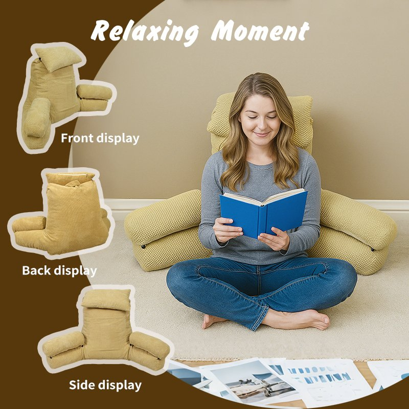 Bed Backrest Bedside Chair Seat Reading Pillow Lounger Lumbar Rest Back Pillow Cushion with Headrest and Armrest