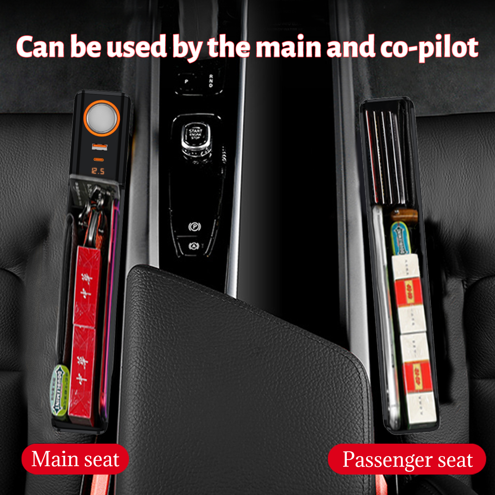 52W Car Seat Gap Filler with Type C USB Fast Charging Port Organizer Console Side Storage Box Between Seats