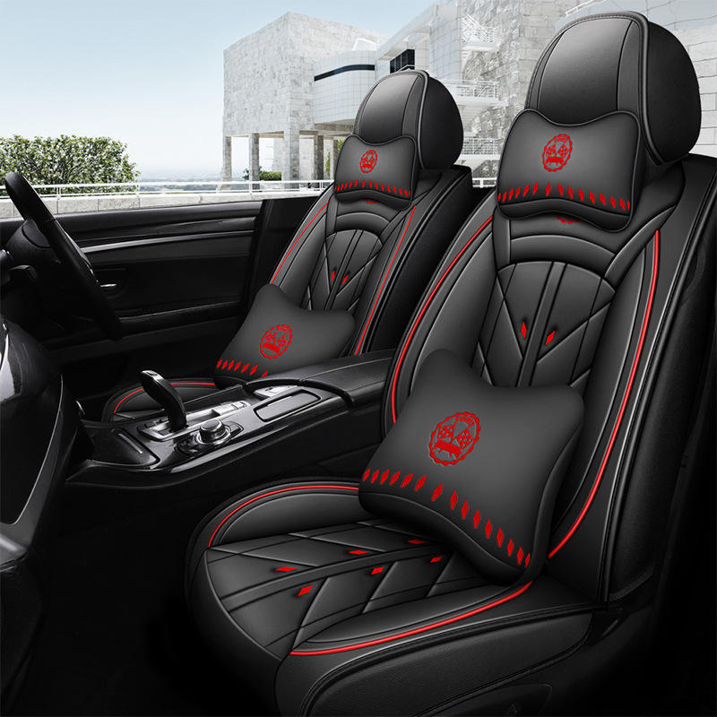 Soleway C-P-40 Universal PVC Leather Car Seat Covers Luxury Black Red Woven Design Full Surround All-Season Auto Seat Protector