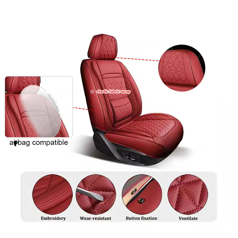 Wellfit Designer Wine Red Leather Car Seat Covers Full Set Luxury US Universal Car Accessories With Logo Protection Function