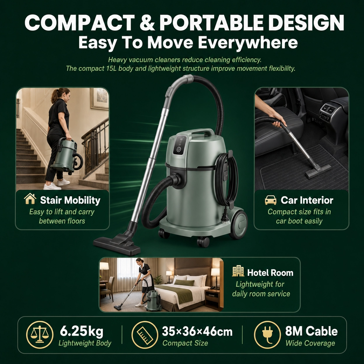 Portable Electric Car Vacuum Cleaner 1200W Low Noise Commercial Use 15L Capacity Wet &amp; Dry Carpet Dust Collection
