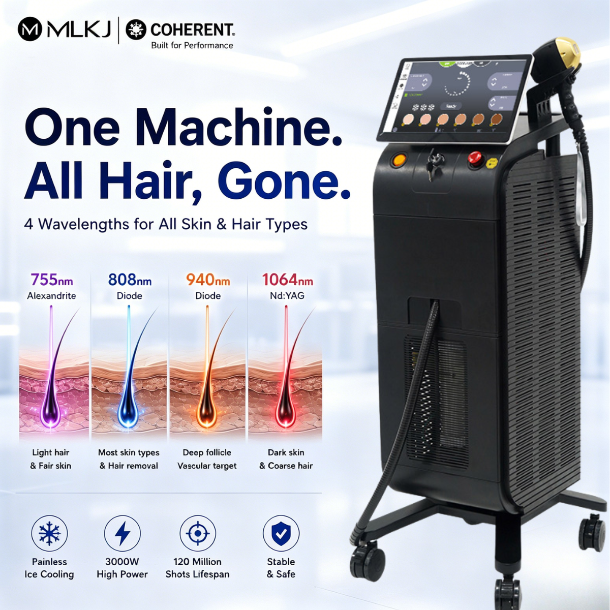 Newest 4K 4 Wavelength Diode Laser Hair Removal 755nm 808nm 1064nm Cooling Handle Diode Laser Hair Removal Machine Professional