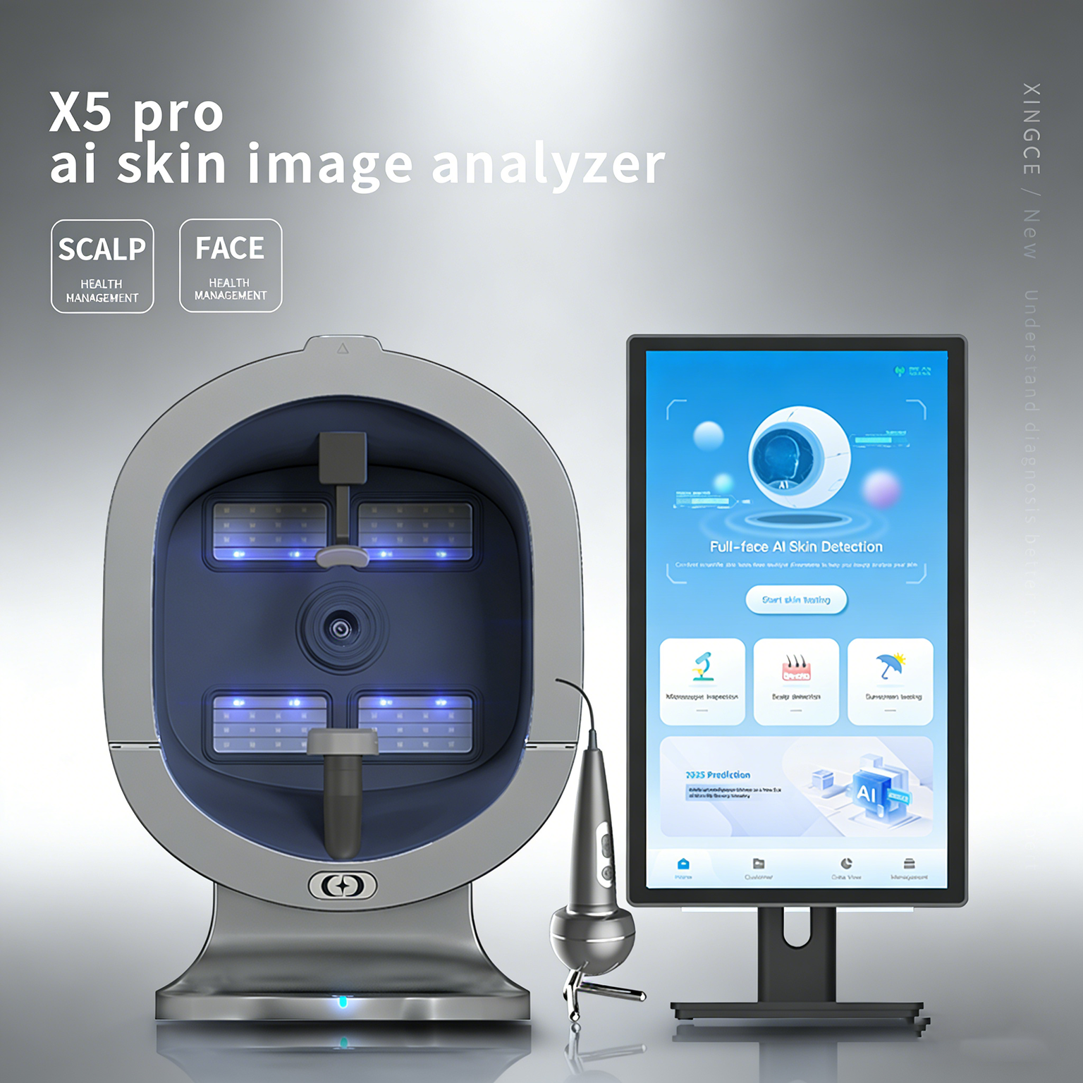 X5Pro Professional AI Skin Analysis Machine Salon Use Moisture Wrinkle Acne Pore Tester 8 Spectral Pigment Analysis Skin Scanner