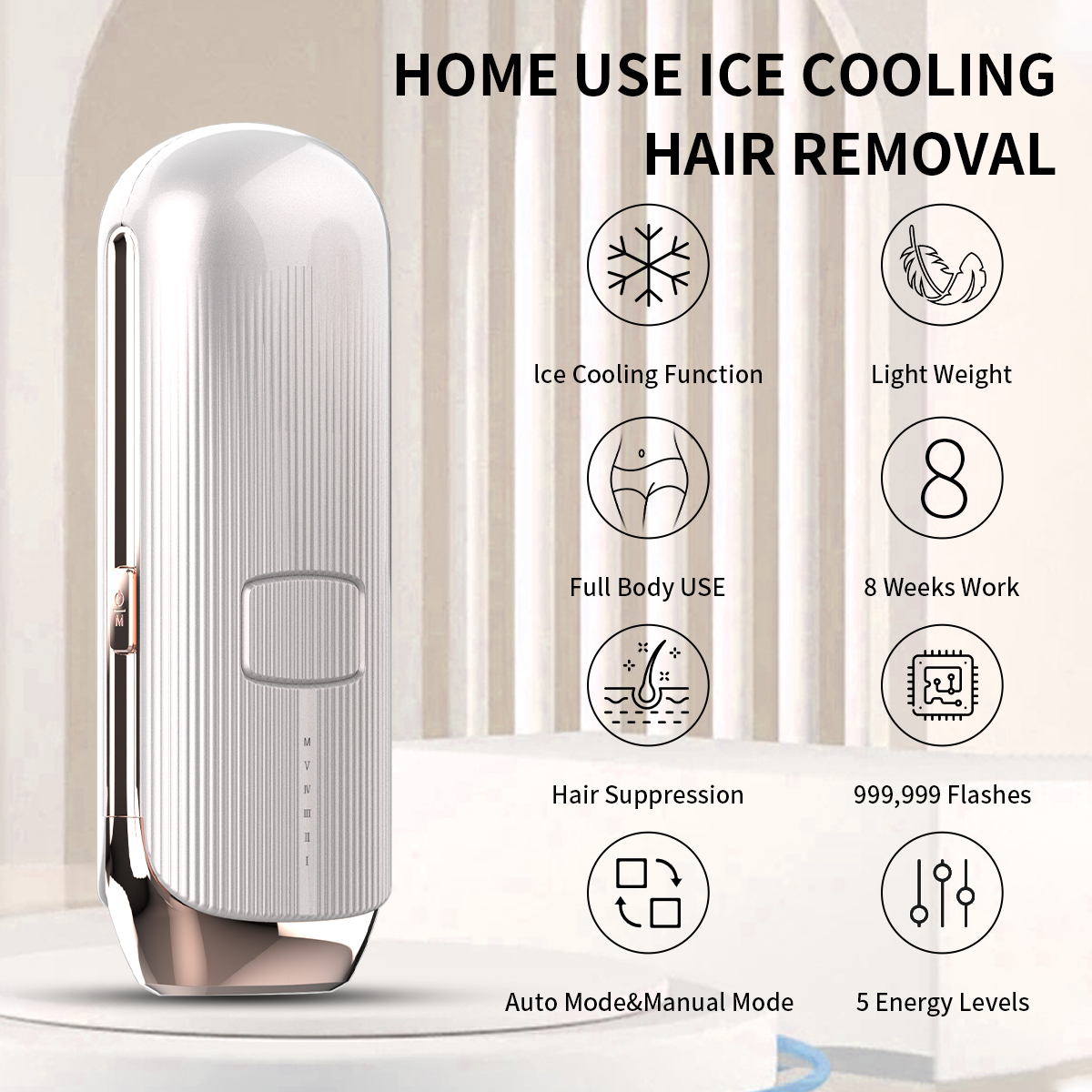 MOOLWHEEL T055 Portable Home Use IPL Hair Removal Device with Ice Cooling Sapphire Technology Handheld Design 64W Power