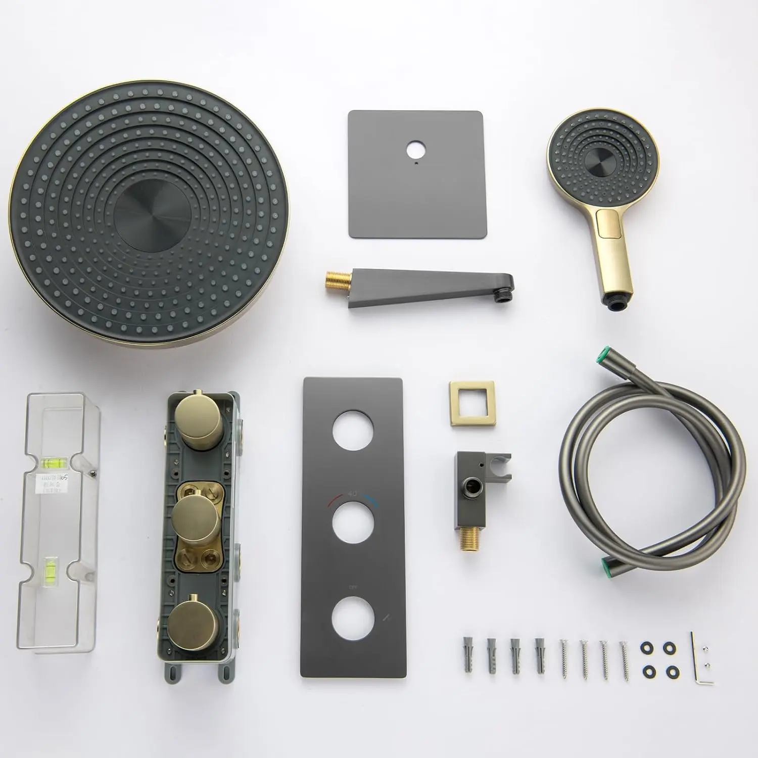 China Shower Faucet Set Thermostatic Shower System Brushed Gold and Gun Gray Shower Kit with Valve and Shower Head, Wall Mounted Shower Head Sets with Handheld Shower Head Manufacturer, Manufacturers