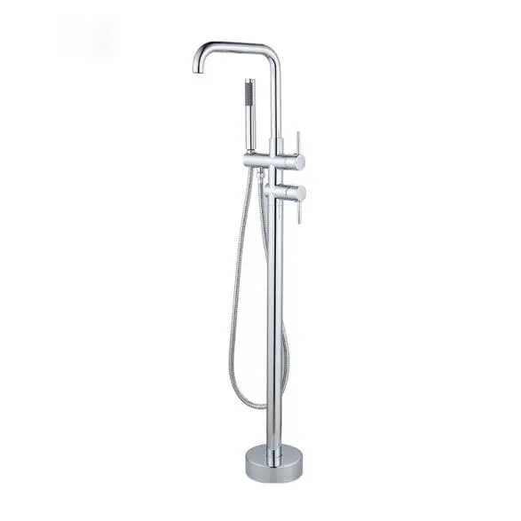 High-Quality Floor Mount Tub Faucet Freestanding Bathtub Filler Standing High Flow Shower Faucets Shower Mixer Taps Swivel Right Angle Spout with Cylinder Handheld Polish Chrome Products, Exporter