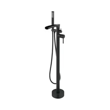 Freestanding Bathtub Faucet Floor Mount — matte black waterfall spout with handheld
