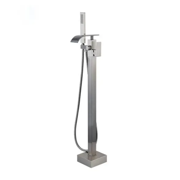 China Polish Chrome Floor Mount Tub Filler Waterfall Freestanding Bathtub Faucet Standing High Flow with Handheld Shower Mixer Taps Swivel Spout Supplier, Exporters