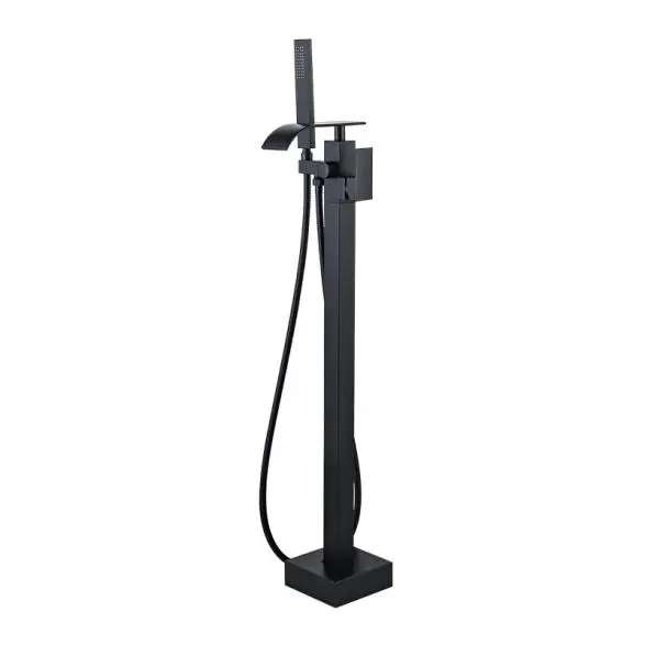 China Polish Chrome Floor Mount Tub Filler Waterfall Freestanding Bathtub Faucet Standing High Flow with Handheld Shower Mixer Taps Swivel Spout Supplier, Exporters