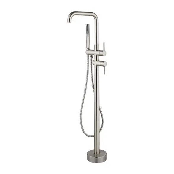 High-Quality Floor Mount Tub Faucet Freestanding Bathtub Filler Standing High Flow Shower Faucets Shower Mixer Taps Swivel Right Angle Spout with Cylinder Handheld Polish Chrome Products, Exporter