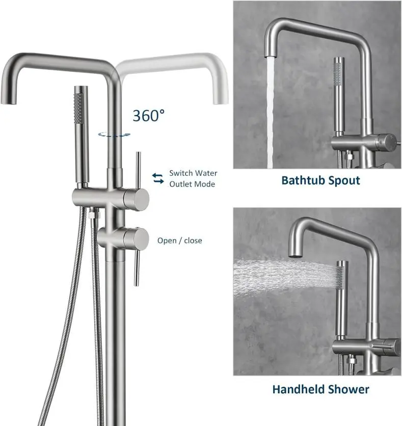 High-Quality Floor Mount Tub Faucet Freestanding Bathtub Filler Standing High Flow Shower Faucets Shower Mixer Taps Swivel Right Angle Spout with Cylinder Handheld Polish Chrome Products, Exporter