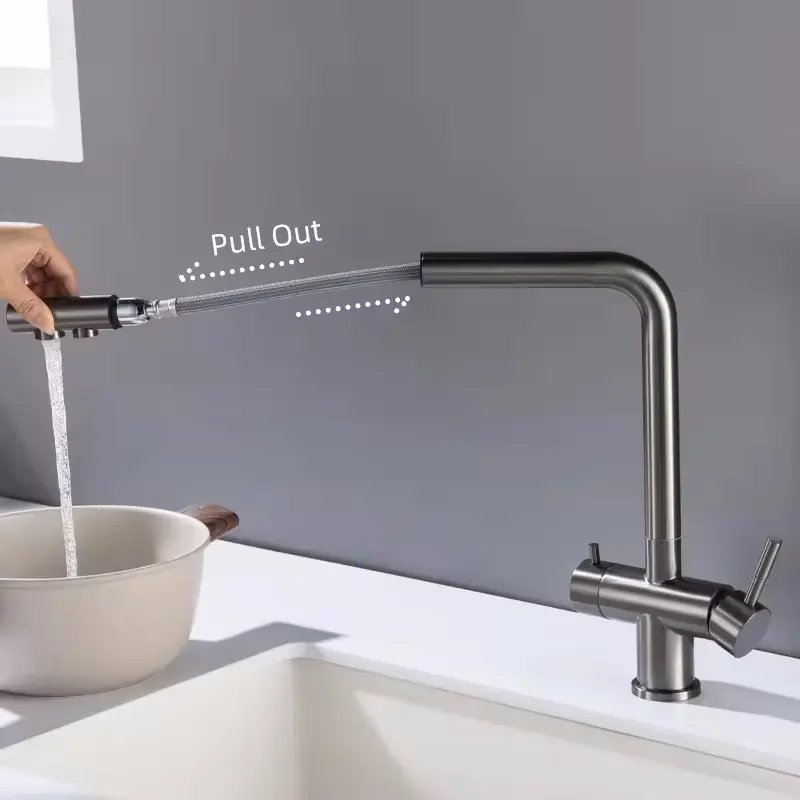 China Kitchen Pull-Out Filtered Faucet Chrome Brass Purifier Faucet 360 Rotation Dual Sprayer Drinking Water Tap Companies, Products