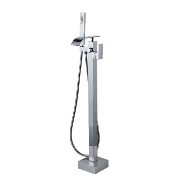 China Polish Chrome Floor Mount Tub Filler Waterfall Freestanding Bathtub Faucet Standing High Flow with Handheld Shower Mixer Taps Swivel Spout Supplier, Exporters