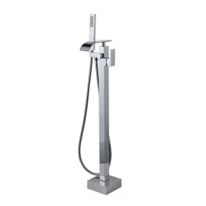 China Polish Chrome Floor Mount Tub Filler Waterfall Freestanding Bathtub Faucet Standing High Flow with Handheld Shower Mixer Taps Swivel Spout Supplier, Exporters