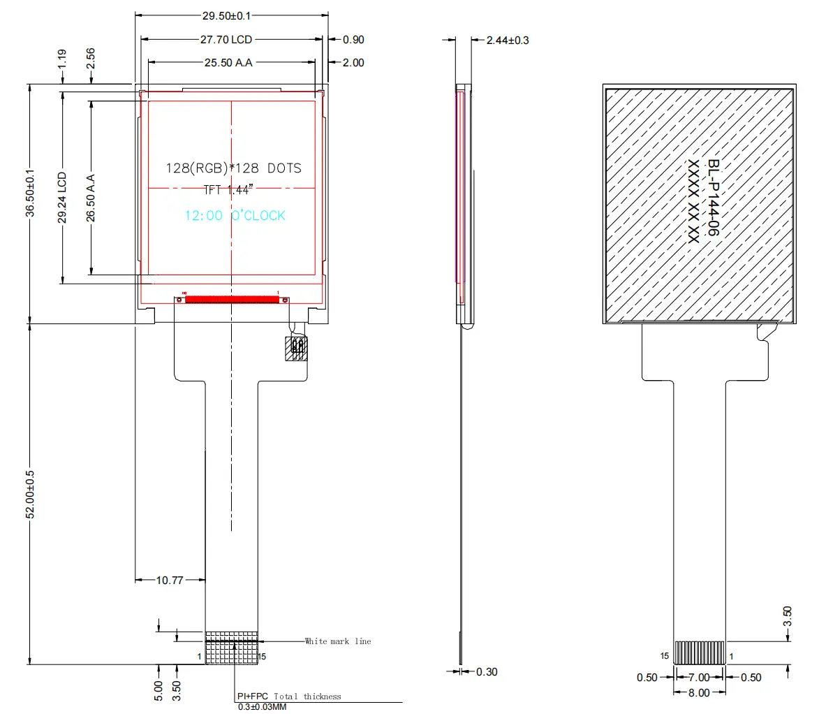 1.44 inch TFT LCD Mechanical Drawing
