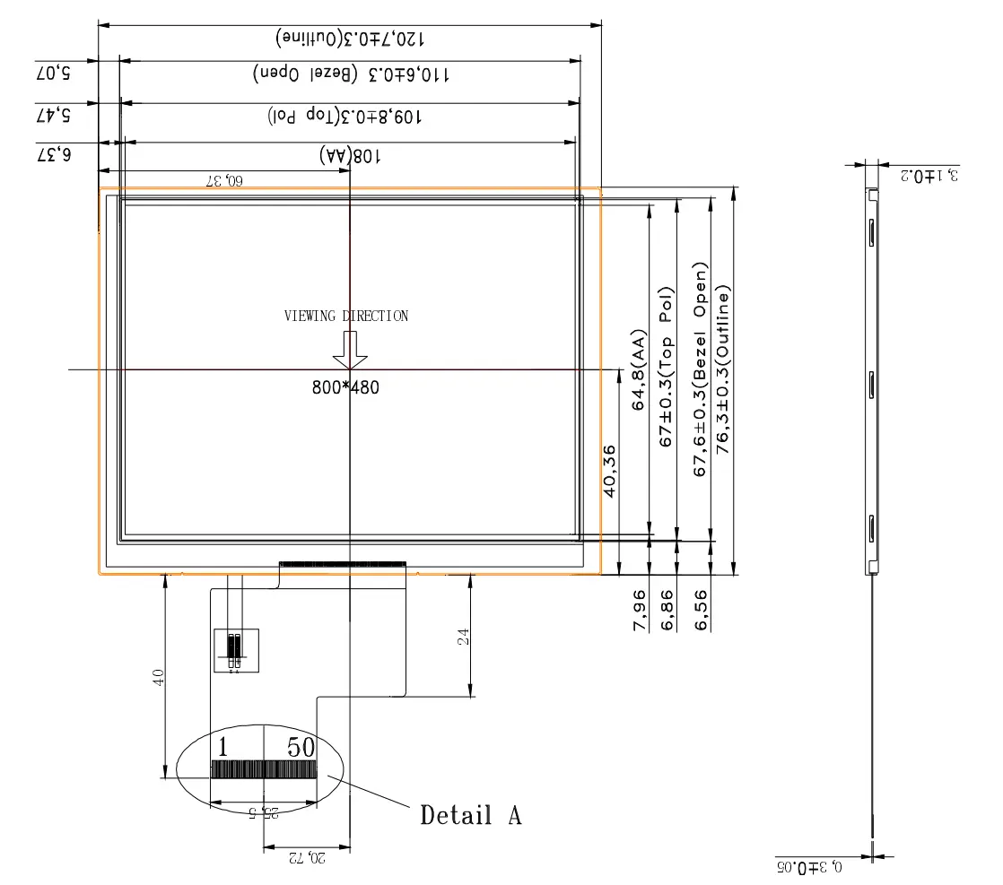 5 inch TFT LCD display drawing