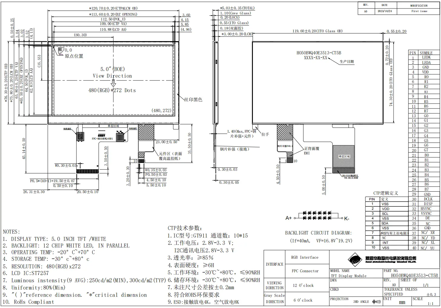 5 inch capacitive touch TFT display drawing