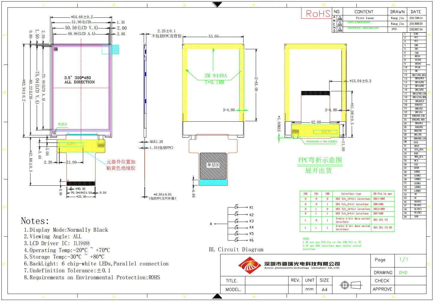 Mechanical Drawing of 3.5 inch TFT LCD