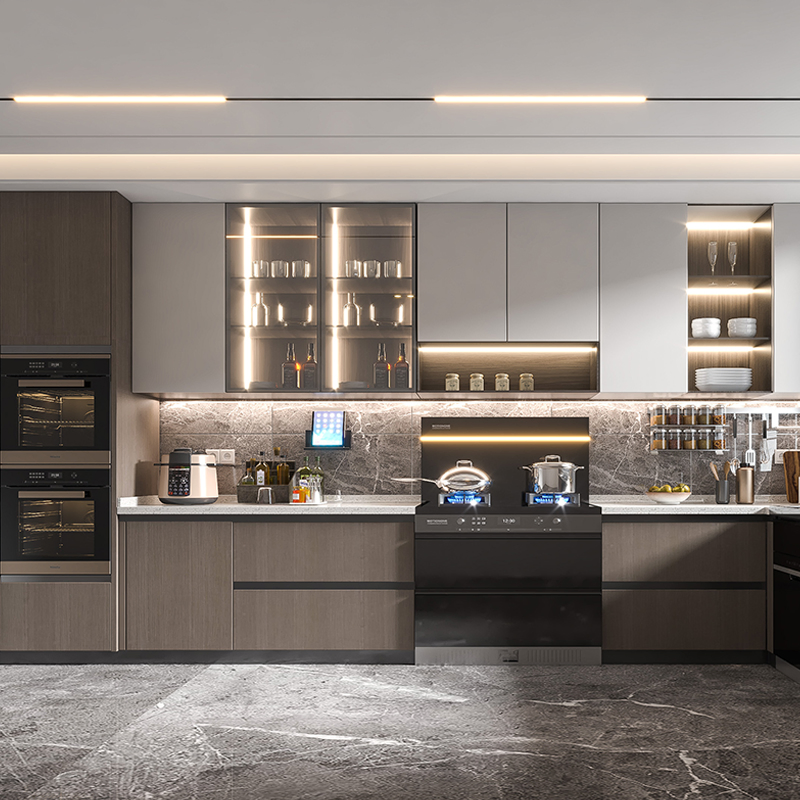Conjunto de Armários de Cozinha de Madeira Sólida de Luxo Moderno de Foshan Móveis para Casa Forma Personalizada Design de Alumínio / Ilha Armários de Cozinha Modulares Estilo Shaker