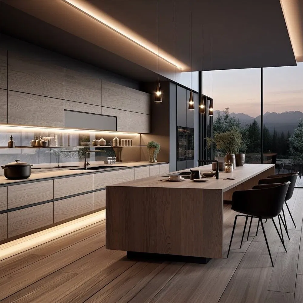 Fábrica de Foshan Design Moderno Armário de Cozinha Modular Personalizado em Compensado com Revestimento de Madeira, Armários de Cozinha com Ilhas