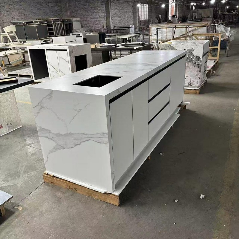 Bancada de Cozinha em Pedra Sinterizada Design Personalizado Estilo Luxuoso Pedra Natural Mármore Ilha