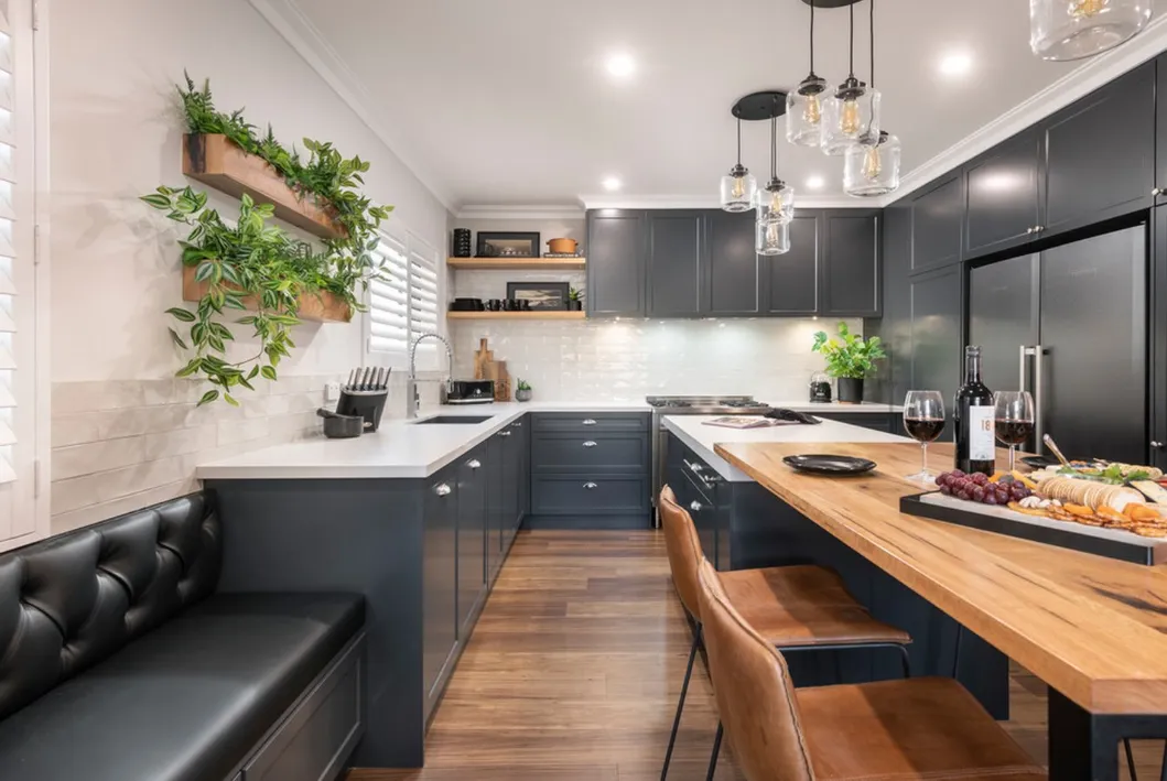 Design de Interiores de Casa Cozinha Cinza Escuro Prateleira de Suporte Exibição Base de MDF Pia Armários de Cozinha