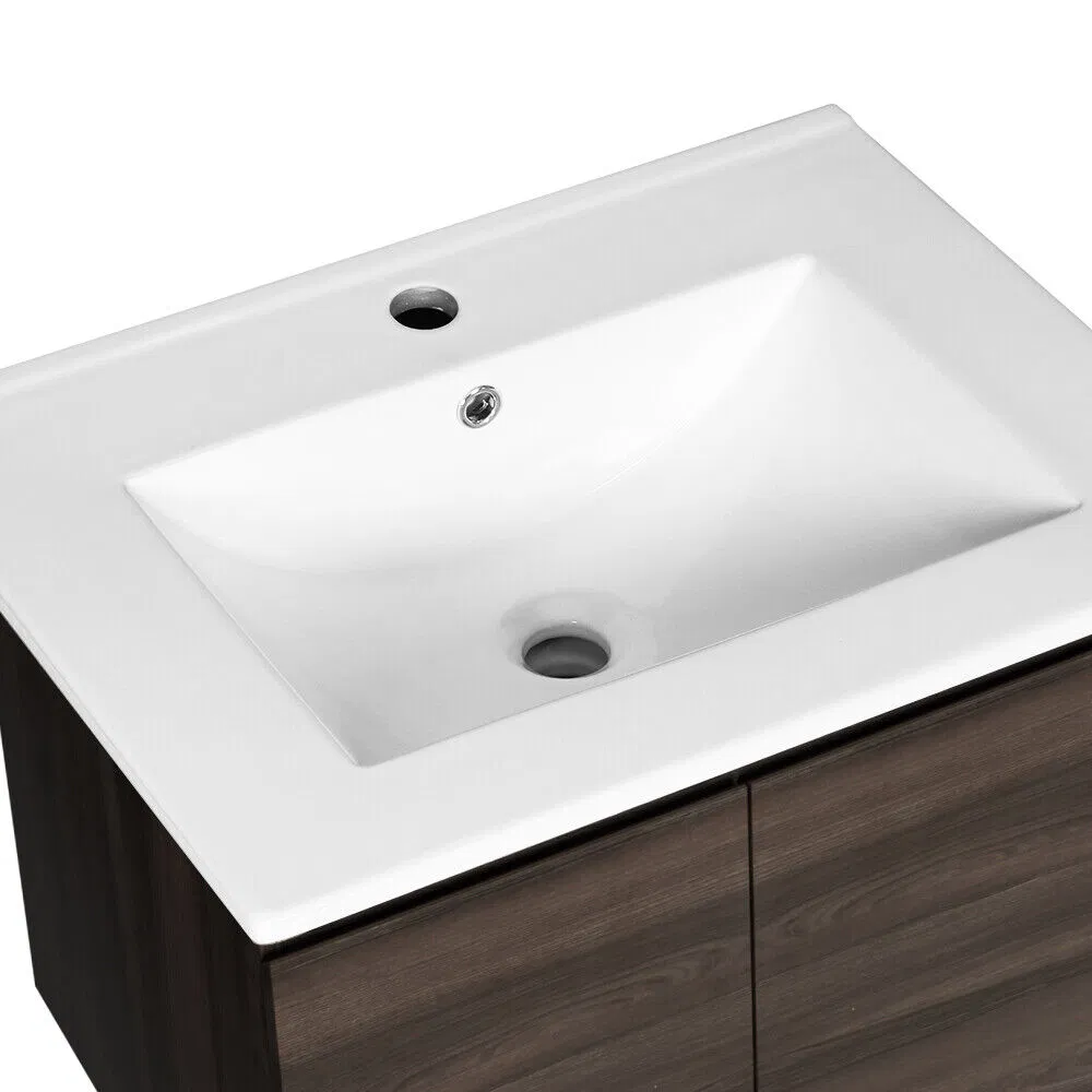 Unidade de Banheiro de Parede em Madeira Nogueira com Lavabo de Cerâmica 600mm