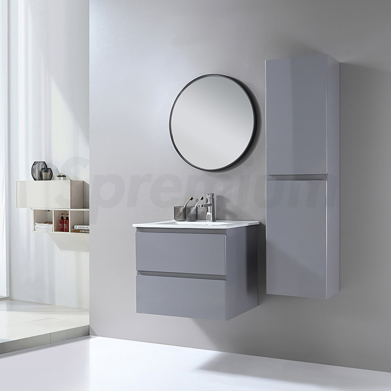 Móvel de banheiro em PVC cinza de estilo europeu moderno e luxuoso, simples e montado na parede