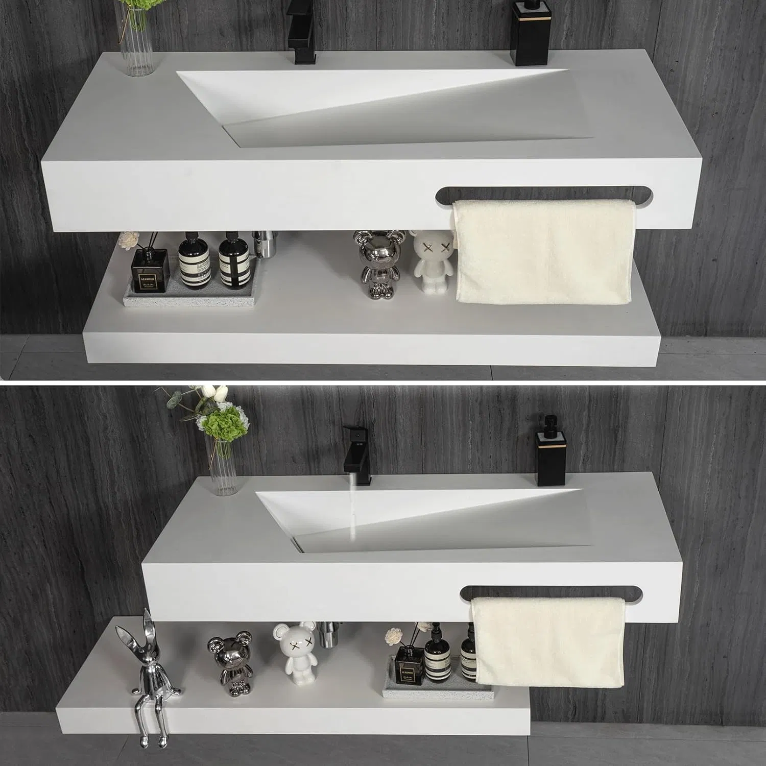 Conjunto de Pia de Banheiro Flutuante Ultra Moderno com Prateleiras Abertas e Espelho com LED