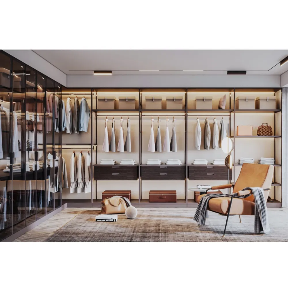 Design de Apartamento Guarda-Roupa Moderno Personalizado com Portas de Vidro Guarda-Roupa com Cômoda e Espelho