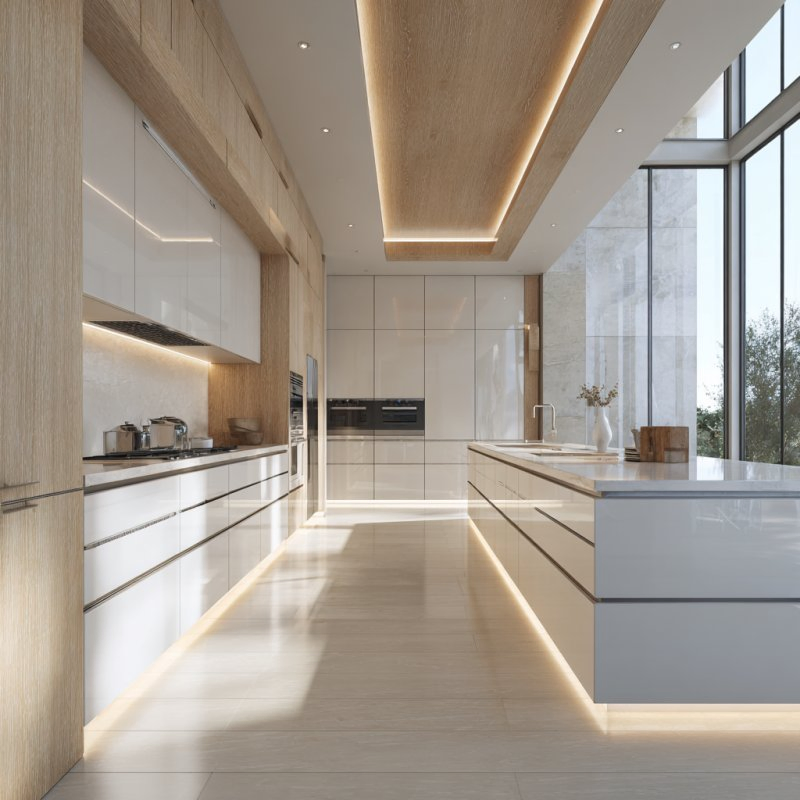 Armário de Cozinha Contemporâneo Alto em Madeira Natural Bicolor Durável com Fechamento Suave